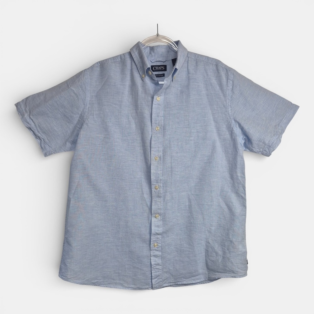 Chaps Mens Large Light Blue Linen Blend Cotton Short‎ Sleeve Button Down Shirt